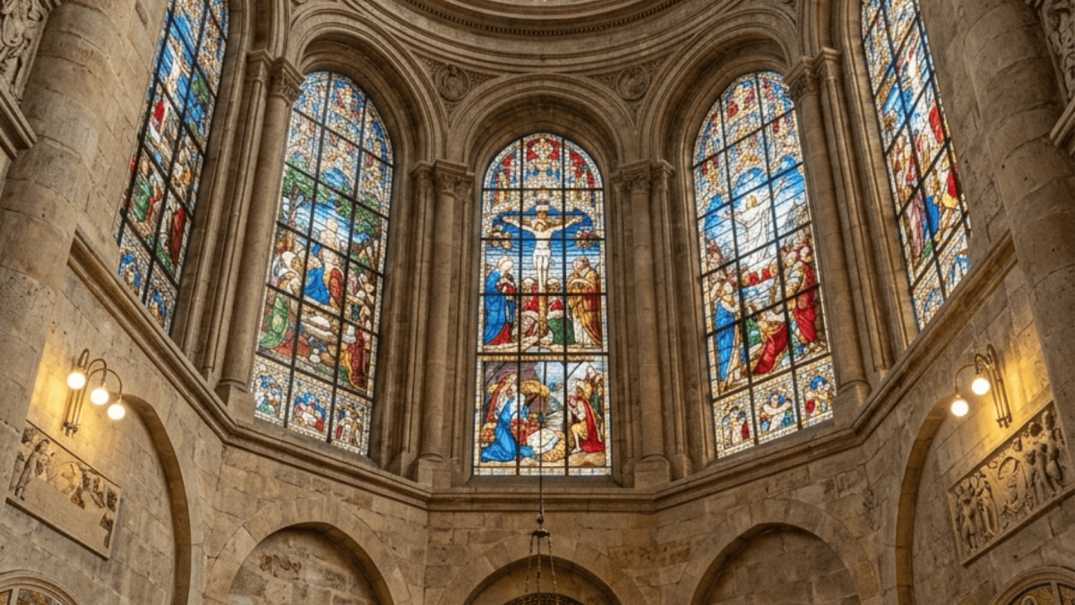 Dettaglio di finestre centinate in acciaio con profili sottili e vetri artistici religiosi per architettura sacra