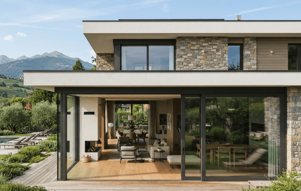 Vista esterna di una moderna villa di lusso in stile contemporaneo immersa in un paesaggio collinare. La casa dispone di un ampio living open space al piano terra con grandi vetrate a tutta altezza e un sistema alzante scorrevole in alluminio Dalisi Home Design che si apre su una terrazza