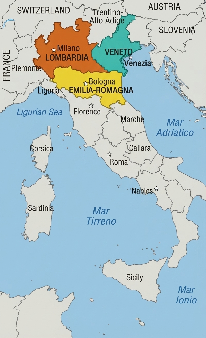 Mappa dell'Italia con evidenziate Lombardia, Emilia-Romagna e Veneto, territori operativi di Dalisi Home Design per facciate continue e ventilate.