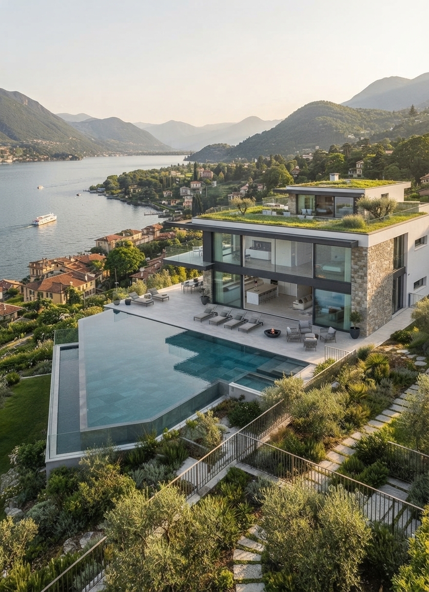 Villa moderna sul Lago di Como con ampie vetrate e infissi in PVC alluminio Dalisi Home Design