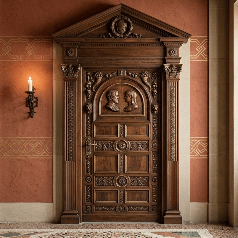 Porta da interno in legno in stile rinascimentale con dettagli intagliati, firmata Dalisi Home Design