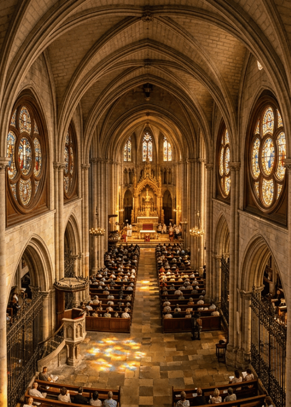 Interno di chiesa storica con grandi vetrate artistiche e infissi in stile per edifici di culto e dimore d'epoca