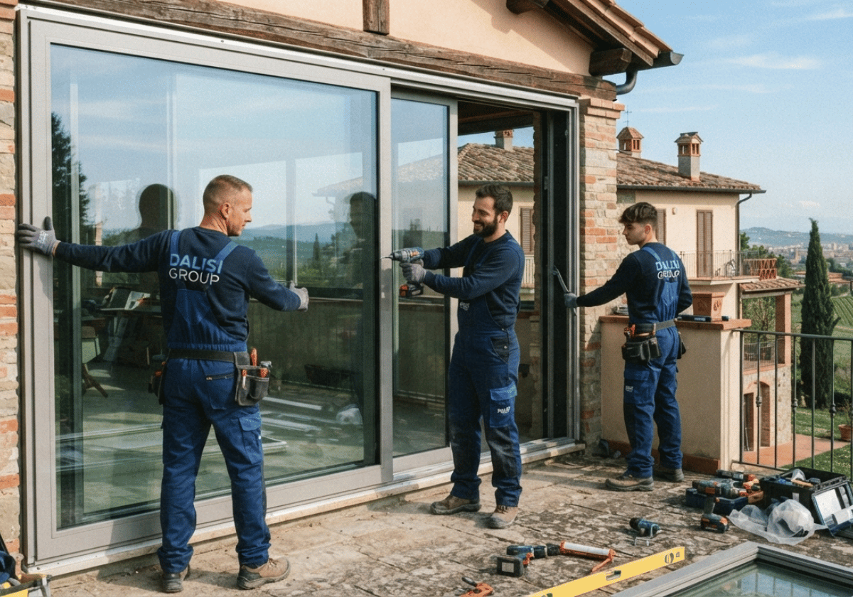 Tre posatori di infissi della Dalisi Group in salopette e camicia blu mentre installano grandi finestre in una villa con vista panoramica sulle colline di Bologna.