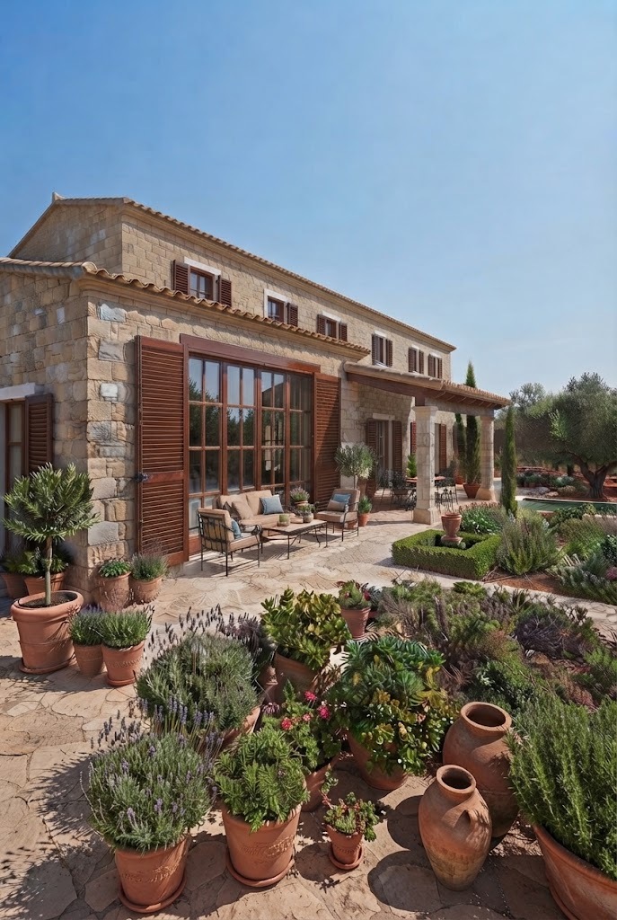 Facciata esterna di una villa moderna rustica in pietra a vista con grandi portefinestre e persiane in legno.